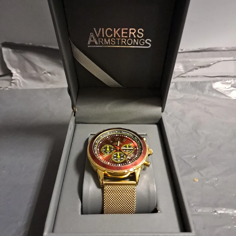 BOXED VICKERS ARMSTRONGS CHOPPER GOLD COLOUR CASE RED DIAL WATCH 