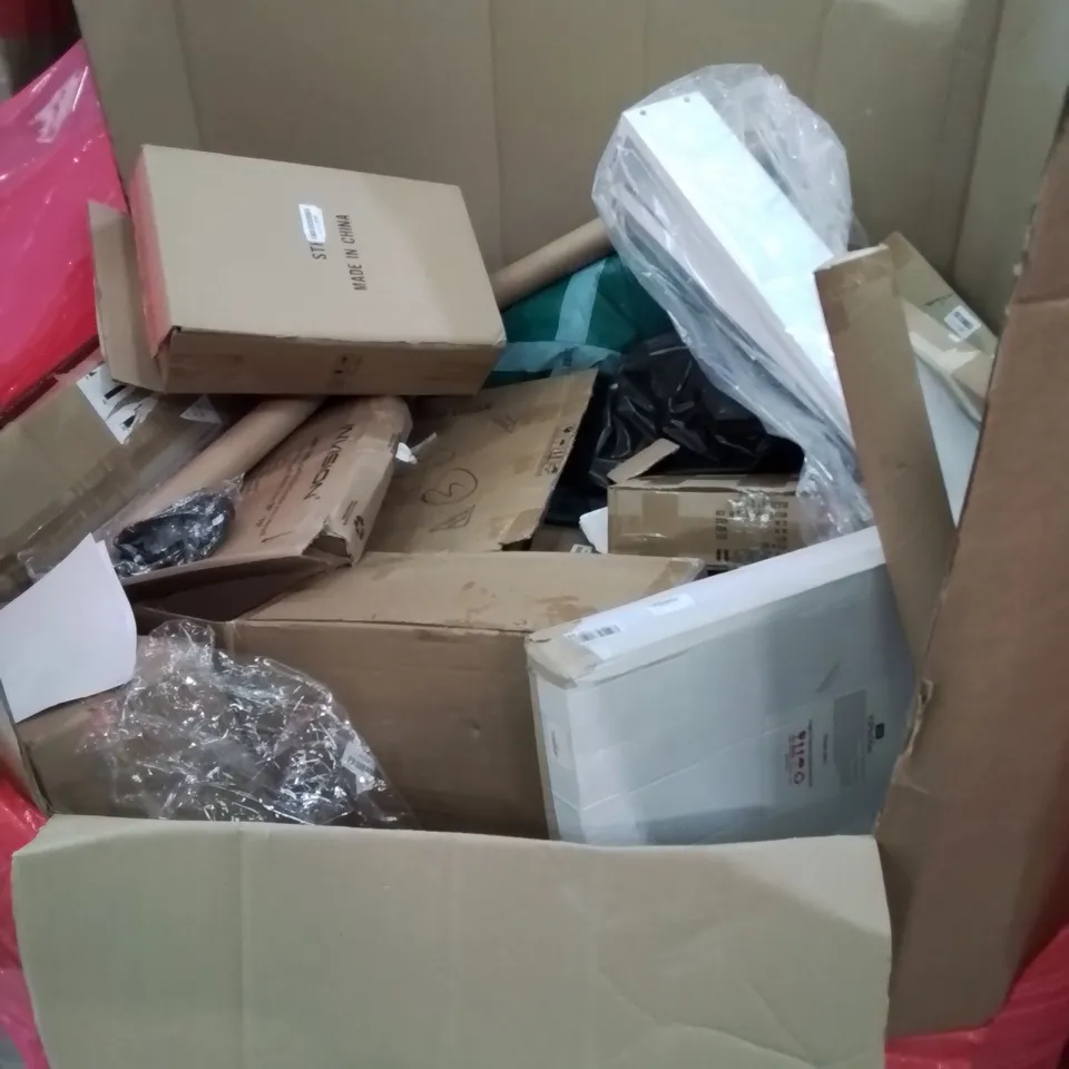 PALLET OF ASSORTED HOUSEHOLD GOODS AND PRODUCTS TO INCLUDE; BREAD BOXES, MINI EXERCISE STEPPER, AIR FRYER, BOXED FURNITURE ETC 