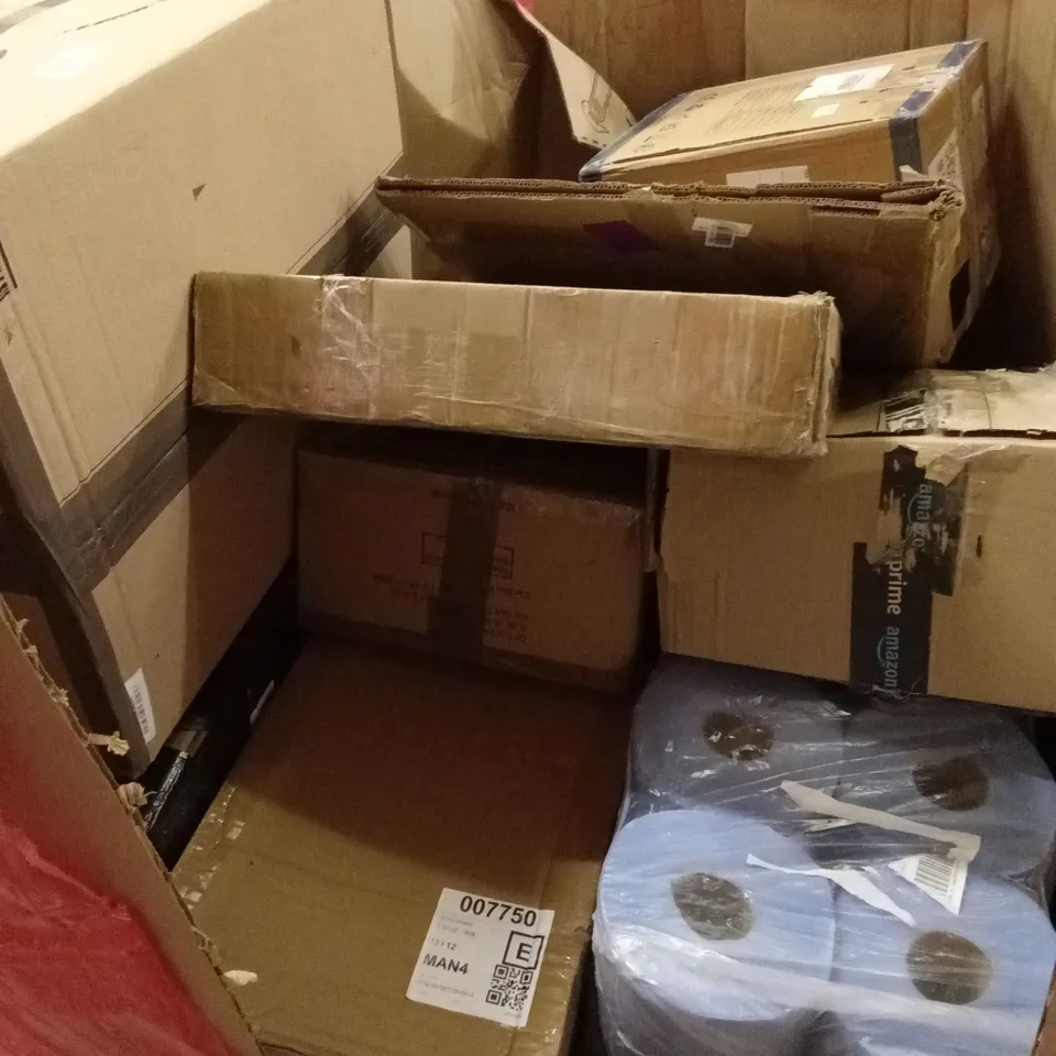 PALLET OF ASSORTED HOUSEHOLD GOODS AND PRODUCTS TO INCLUDE; PAPER HAND TOWEL ROLLS, AIR COOLER, BOXED FURNITURE ETC
