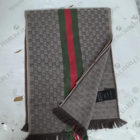 GUCCI FRINGE STRIPE SCARF IN BROWN 