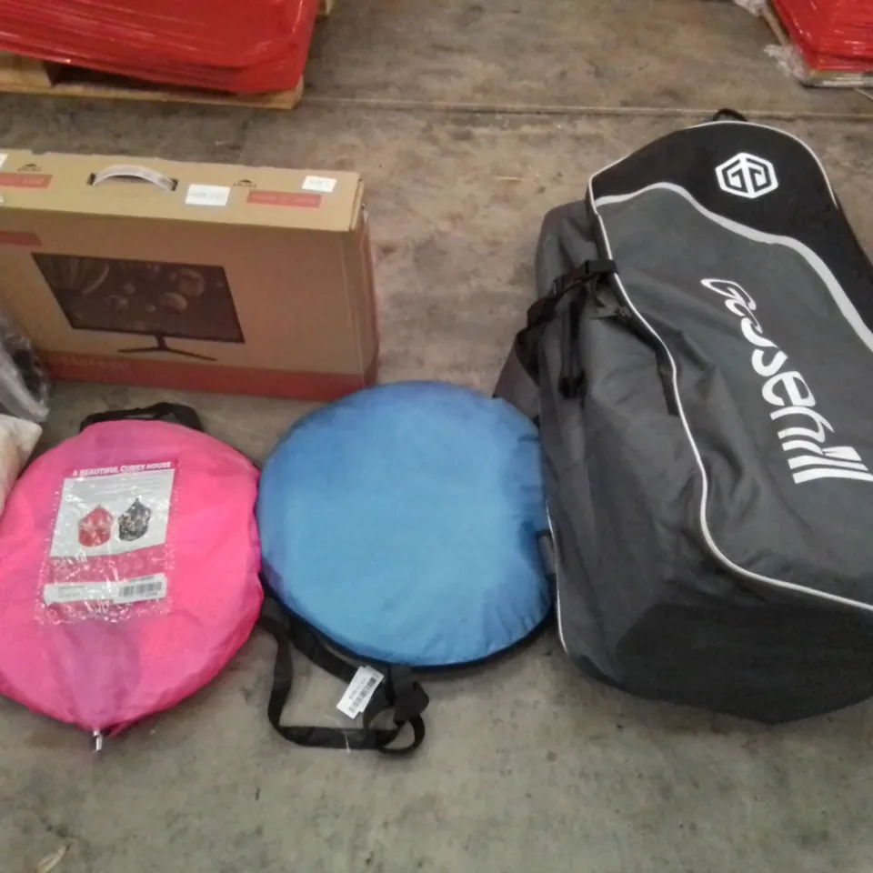 PALLET CONTAINING ASSORTED HOUSEHOLD PRODUCTS. INCLUDES GOOSEHILL INFLATABLE PADDLE BOARD WITH CARRY BAG, KIDS TENTS, MONITOR, BEDSIDE COMMODE, PLASTIC WEIGHTS RACK ETC 