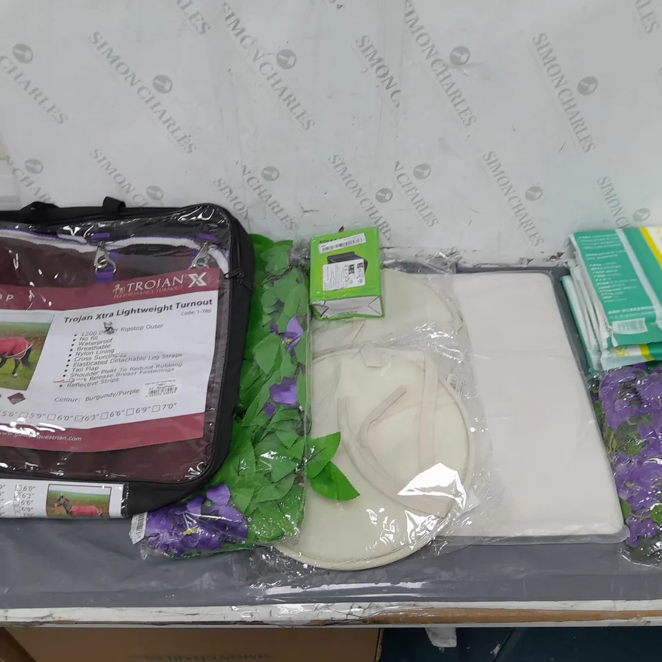 BOX OF APPROXIMATELY 15 ASSORTED HOUSEHOLD ITEMS TO INCLUDE TROJAN XTRA LIGHTWEIGHT TURNOUT, SOLAR LIGHTS, AND DISPOSABLE TOWELS ETC.