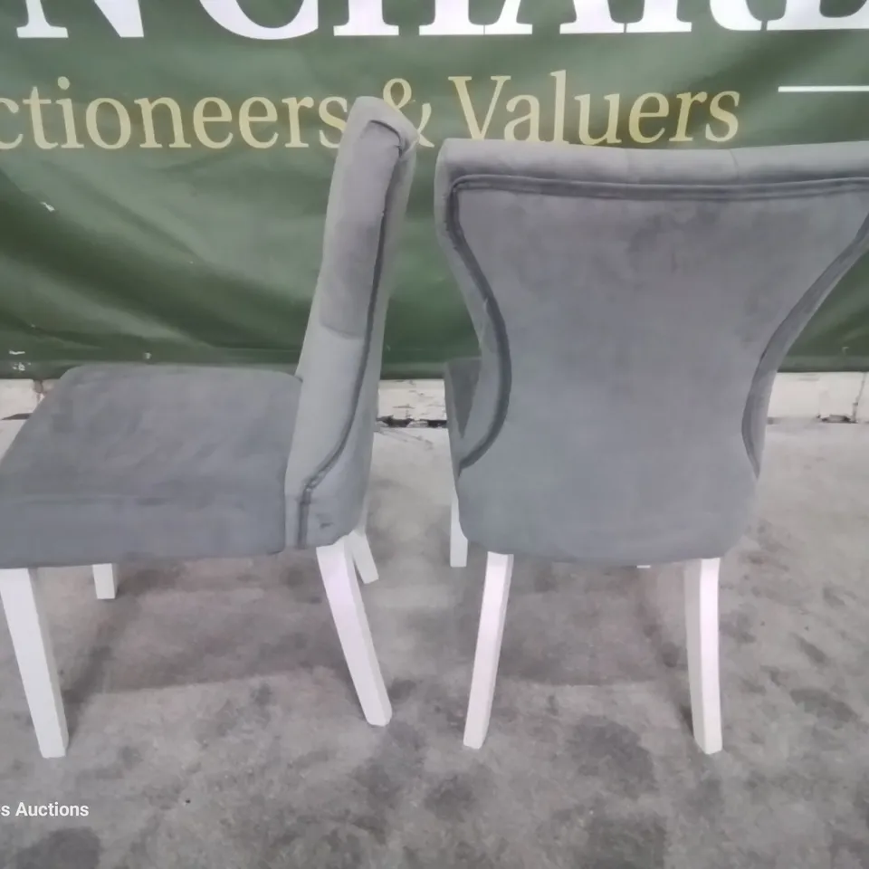 PAIR BEWLEY GREY VELVET BUTTONED BACK DINING CHAIRS WHITE LEGS