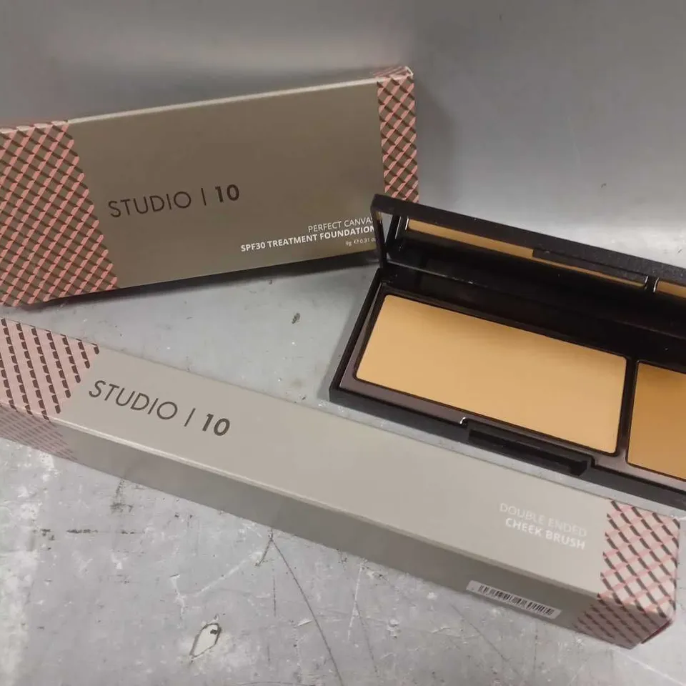 STUDIO 10 PERFECT CANVAS SPF30 TREATMENT FOUNDATION #02 MEDIUM & DOUBLE ENDED CHEEK BRUSH 