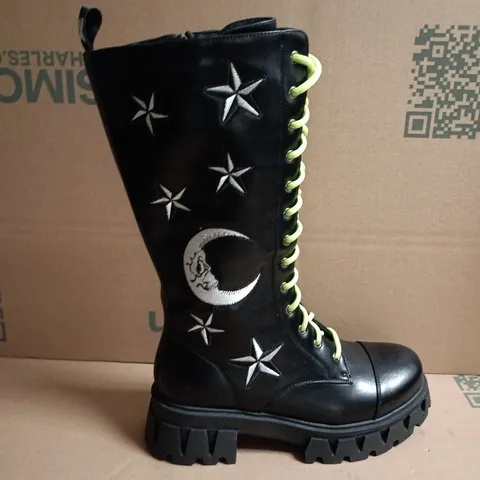 BOXED KOI BLACK KNEE-HIGH COMBAT BOOT WITH NEON LIME LACES AND MOON-&-STAR EMBROIDERY - UK 6