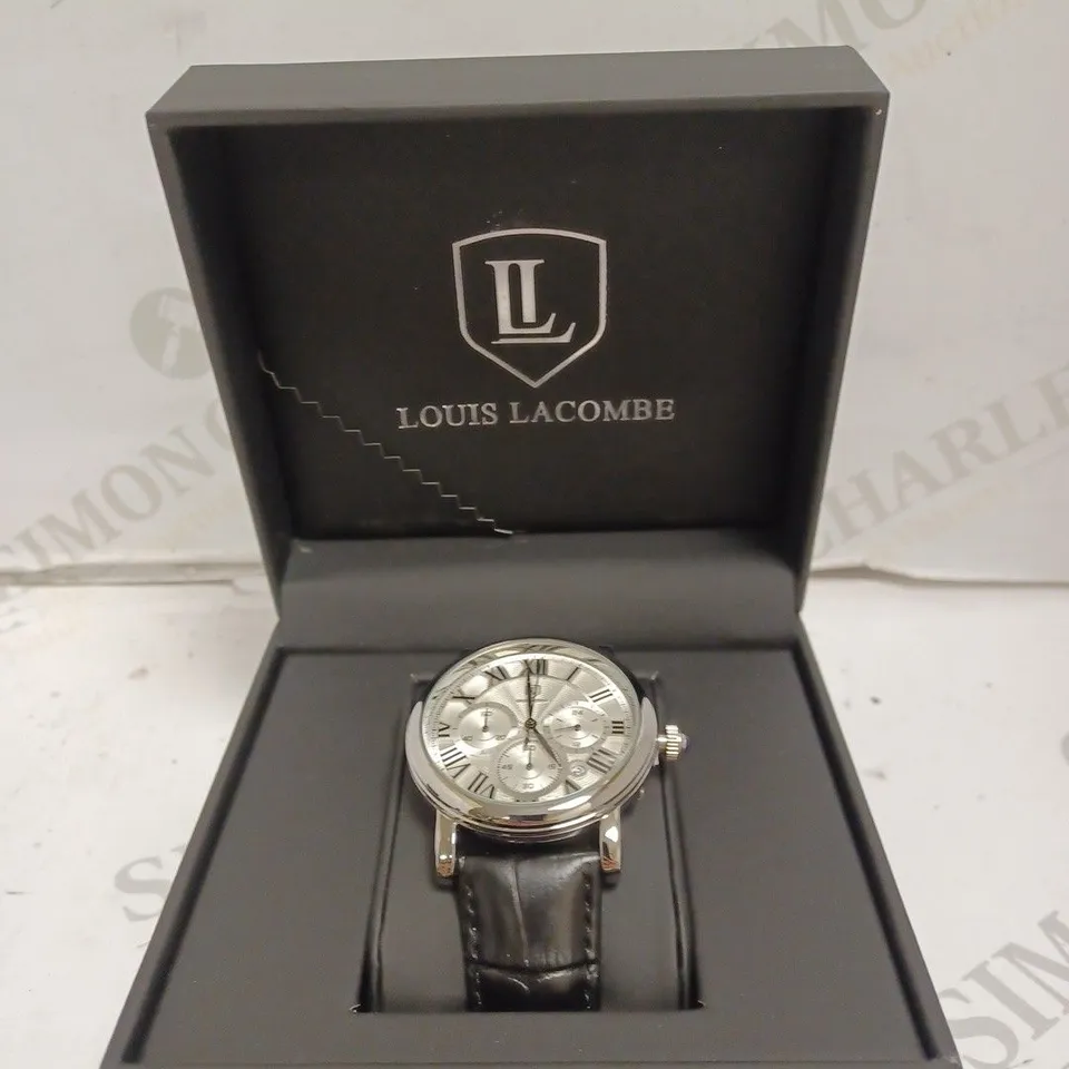 MENS LOUIS LACOMB WATCH WITH ROMAN NUMERALS – SUB DIALS WITH DATE – STAINLESS STEEL FACE – LEATHER STRAP – 3ATM WATER RESISTANT 
