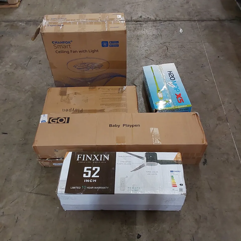 PALLET OF ASSORTED HOUSEHOLD ITEMS AND CONSUMER PRODUCTS. INCLUDING CEILING FAN LIGHTS, BABY PLAYPENS, MOP, BOXED FURNITURE ETC 