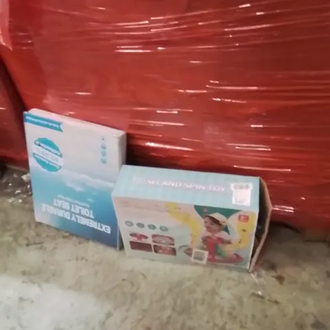 PALLET OF ASSORTED HOUSEHOLD GOODS AND PRODUCTS TO INCLUDE;TOILET SEAT,BABY SIT AND SPIN TOY