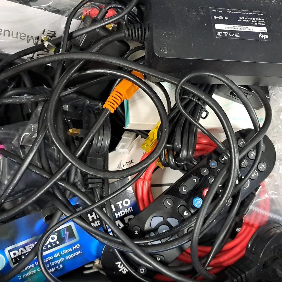 APPROXIMATELY 10 ASSORTED ELECTRICAL ITEMS TO INCLUDE VARIOUS CABLES, SKY REMOTES, ETC