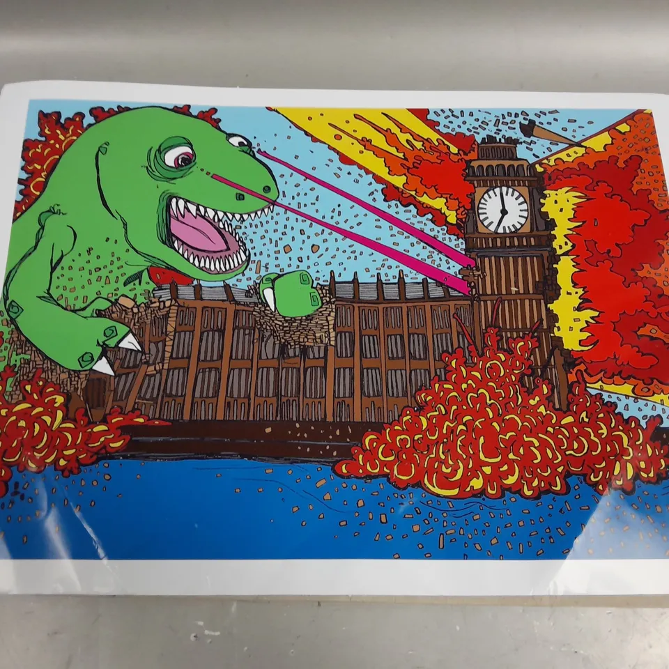 DINOSAUR TRASHES PARLIAMENT! SIGNED PRINT BY DIXON DOES DOODLES