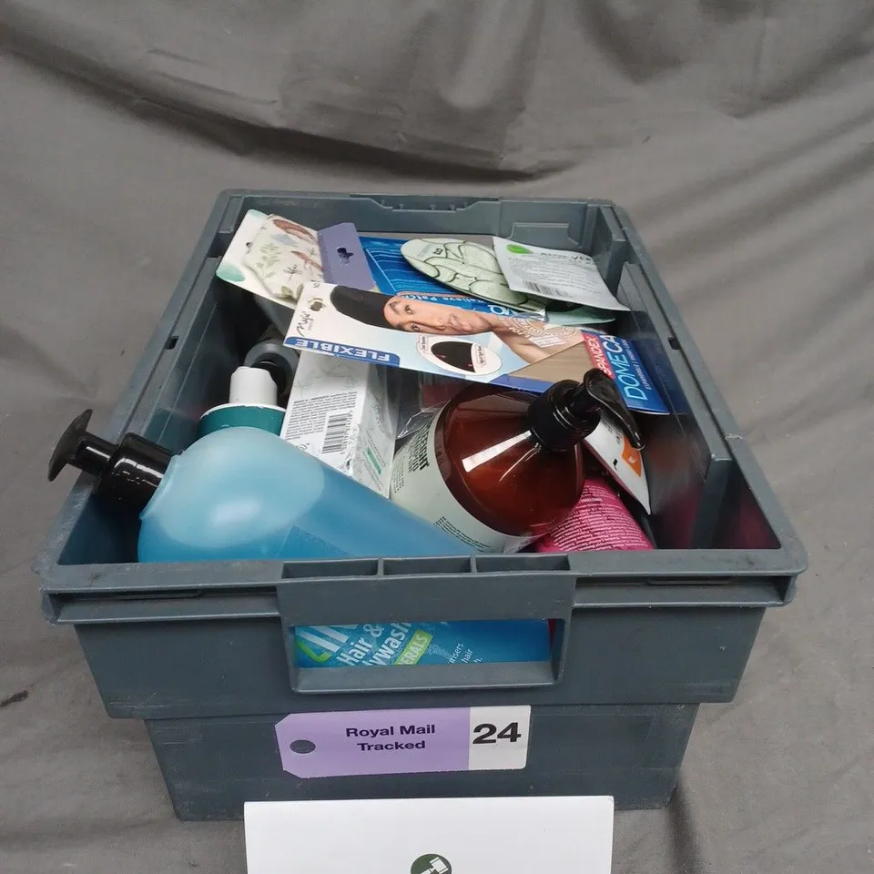 TOTE OF ASSORTED COSMETIC ITEMS TOO INCLUDE , SHAMPOO , WIPES , ETC 