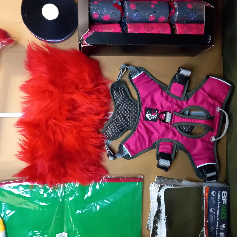 lot of assorted items which include dog harness, seasonal crackers, multifoil insulation 