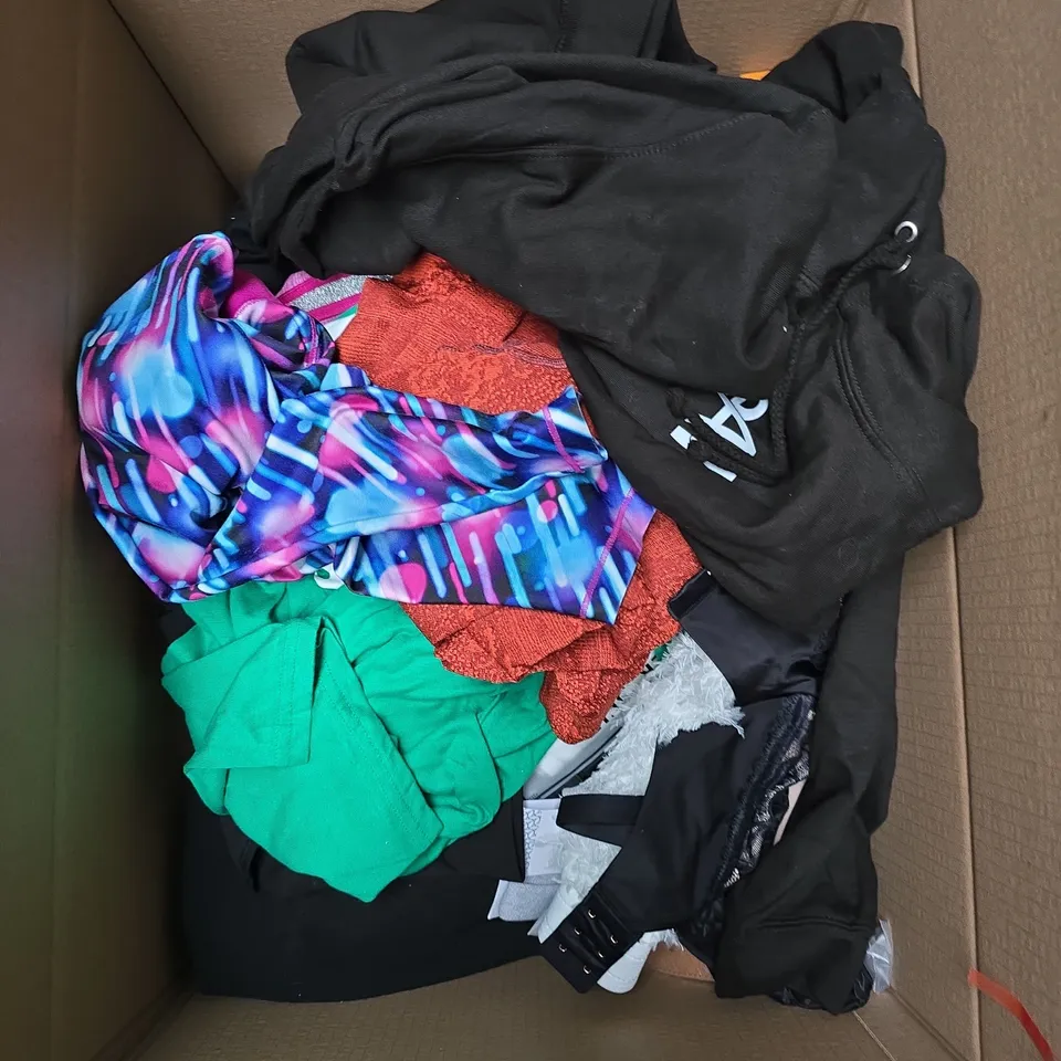 APPROXIMATELY 25 ASSORTED CLOTHING PRODUCTS IN VARIOUS STYLES & SIZES TO INCLUDE JACKETS, T-SHIRTS, DRESSES ETC