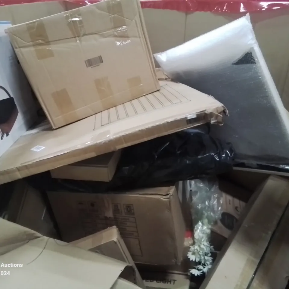 PALLET CONTAINING VARIOUS ASSORTED ITEMS TO INCLUDE: PICTURE FRAMES, RETRACTABLE SAFETY GATE, FOOD PROCESSOR, SEAT COMFORT CUSHION AND LOTS MORE UNMARKED BOXED ITEMS 