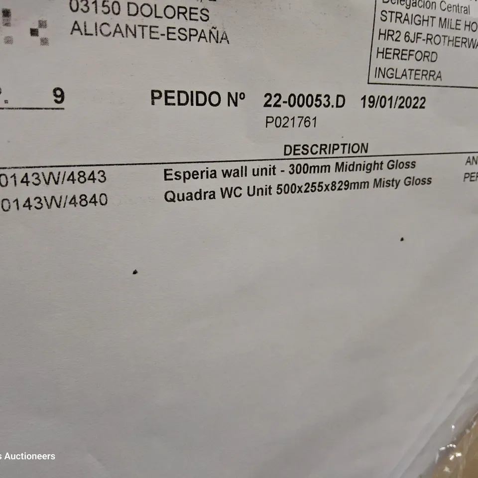 PALLET TO CONTAIN APPROXIMATELY 10 BOXED ESPERIA WALL MOUNTER VANITY UNITS 300mm MIDNIGHT GLOSS & 1 BOXED QUADRA WC UNIT 500 Z× 255 × 829mm MISTY GLOSS