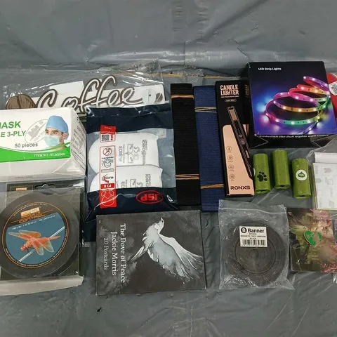 APPROXIMATELY 10 ASSORTED HOUSEHOLD ITEMS TO INCLUDE - LED STRIP LIGHTS, FACE MASK, AND DOVE POSTCARDS ETC. 