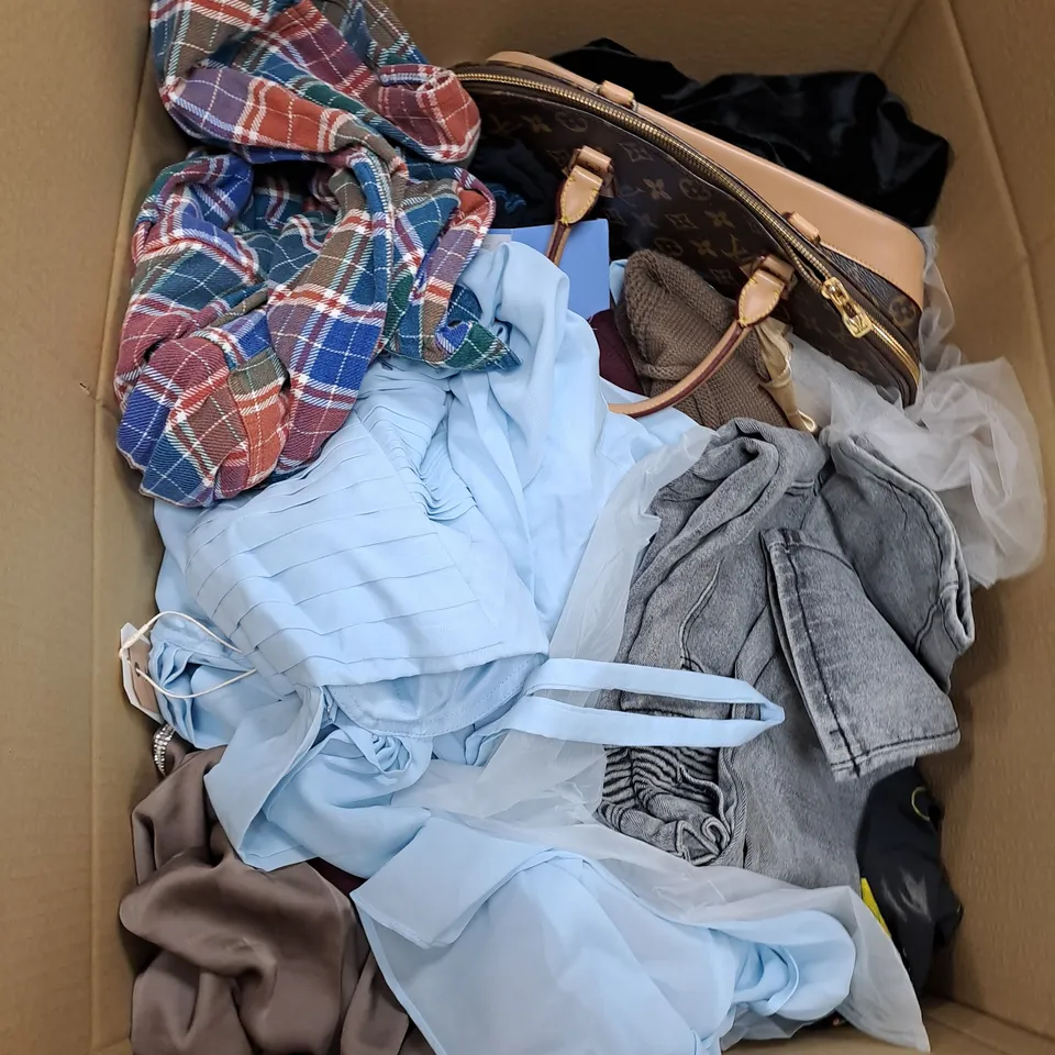 BOX OF APPROXIMATELY 20 ASSORTED CLOTHING ITEMS TO INCLUDE ZARA TROUSERS, SHEIN TOPS, JOYFUNEAR DRESS ETC