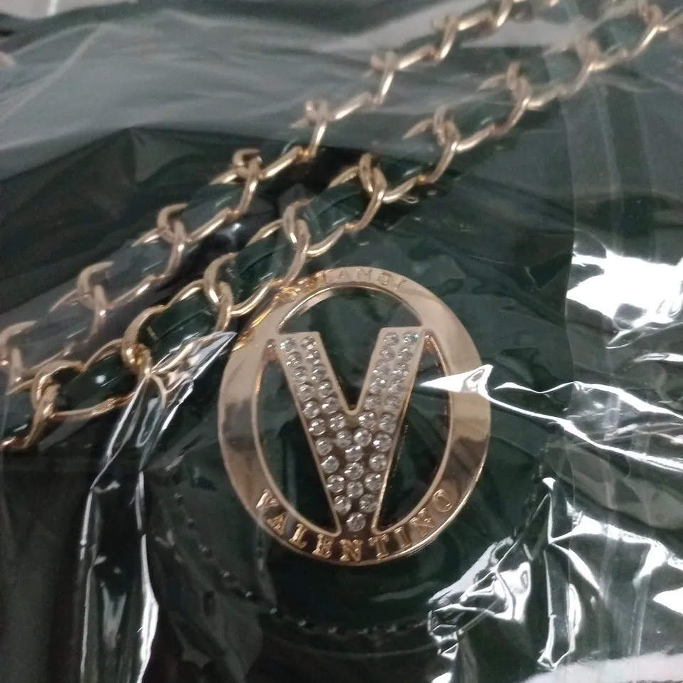 VALENTINO ORLANDI HANDBAG WITH GOLD CHAIN AND RHINESTONE V CHARM – BLACK/GREEN TONE