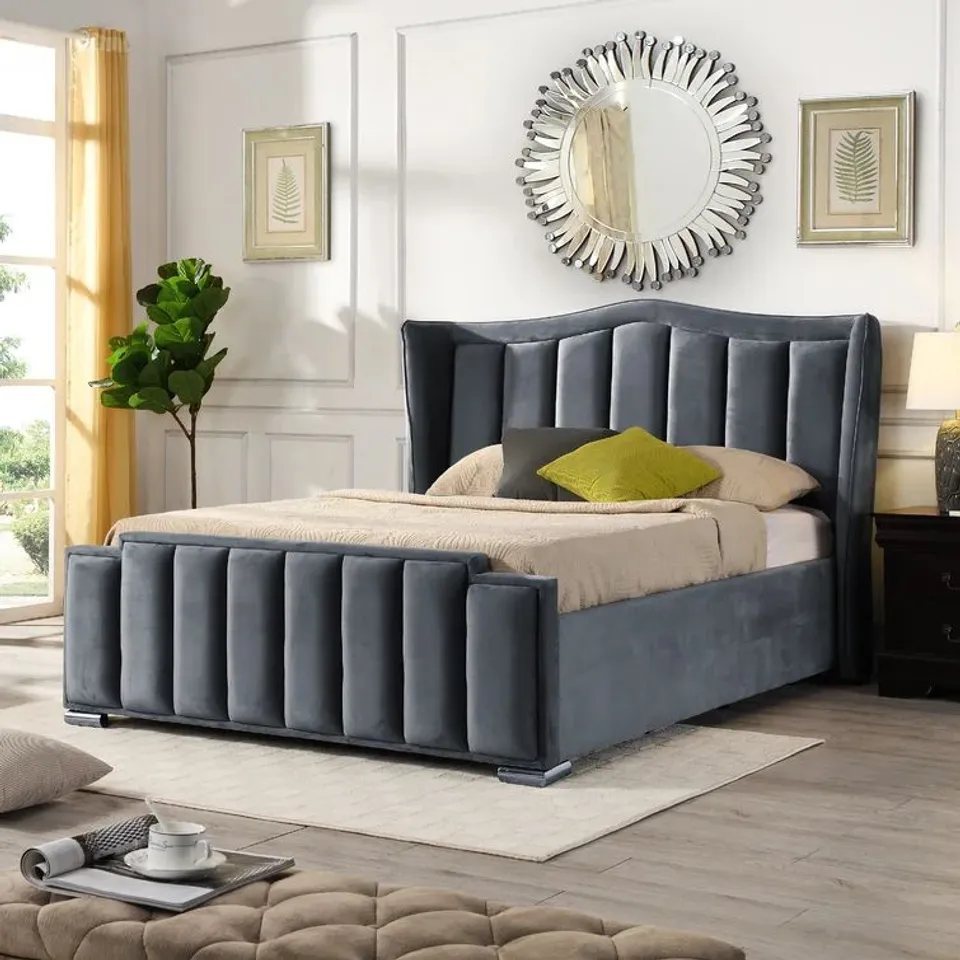 BOXED CLARE GREY VELVET DOUBLE GASLIFT BED FRAME (3 BOXES)