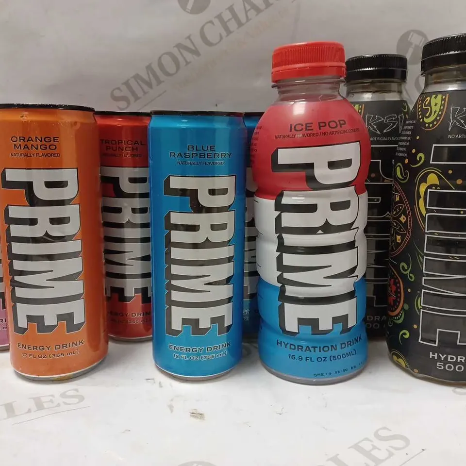 LOT OF APPROX 9 ASSORTED PRIME ENERGY DRINKS TO INCLUDE STRAWBERRY WATERMELON, BLUE RASPBERRY, ICE POP, ETC 
