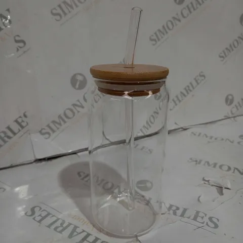 GLASS DRINKING CUP WITH A WOOD TOP & PLASTIC STRAW