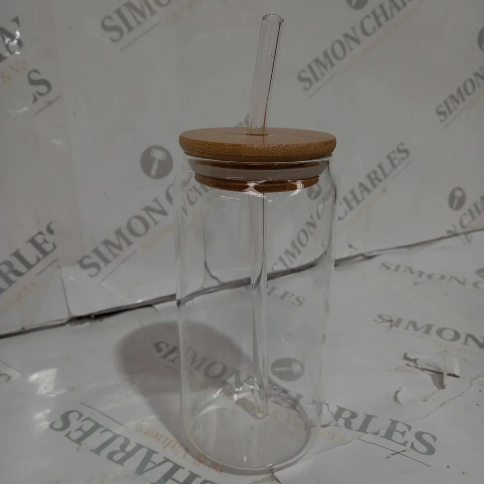 GLASS DRINKING CUP WITH A WOOD TOP & PLASTIC STRAW 