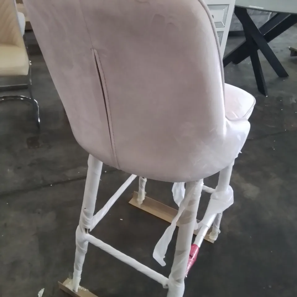 DESIGNER UPHOLSTERED BAR STOOL PINK PLUSH FABRIC ON METALLIC LEGS