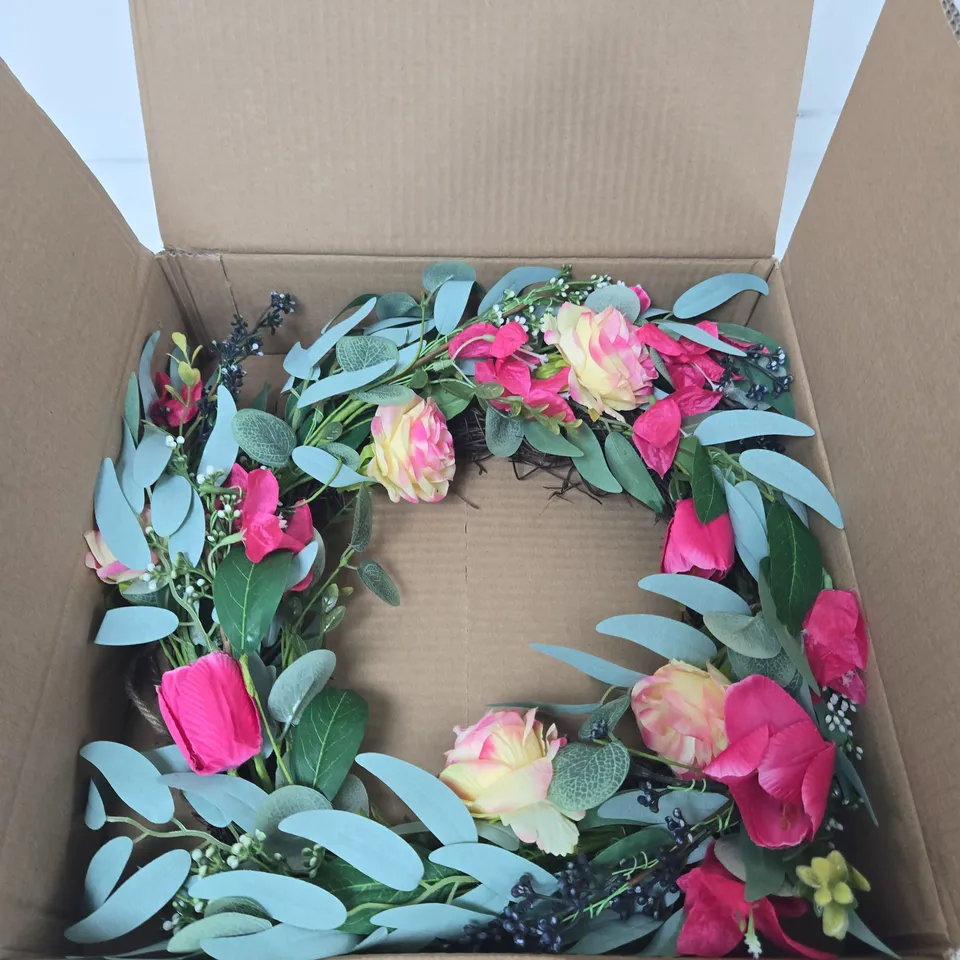 BOXED ARTIFICIAL FLOWER ARRANGEMENT – PINK AND CREAM WITH EUCALYPTUS
