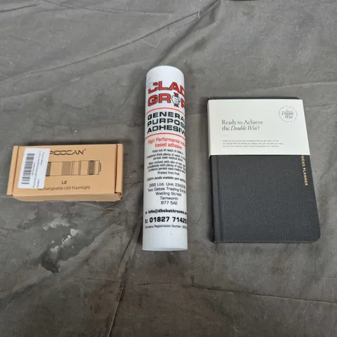 APPROXIMATELY 15 ASSORTED HOUSEHOLD PRODUCTS TO INCLUDE PLANNER JOURNAL, GENERAL PURPOSE ADHESIVE, RECHARGABLE LED FLASHLIGHT ETC