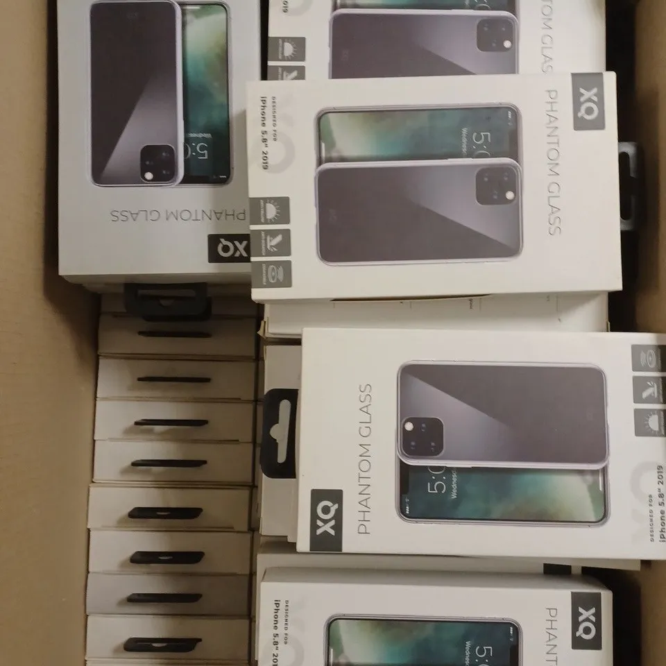 APPROXIMATELY 60 BRAND NEW BOXED XQ PHANTOM GLASS PROTECTIVE CASES FOR IPHONE 5.8" 2019 MODEL 