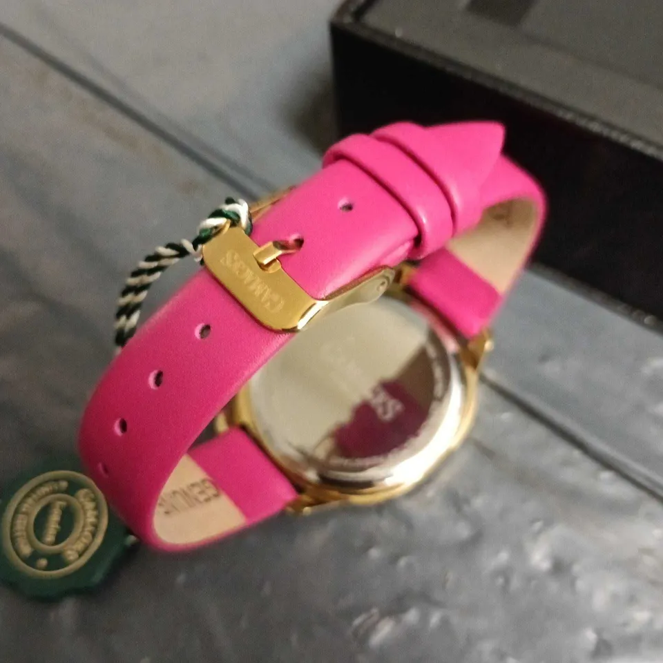 GAMAGES LONDON LADIES' WATCH – PINK DIAL, PINK LEATHER STRAP, GOLD-TONE CASE