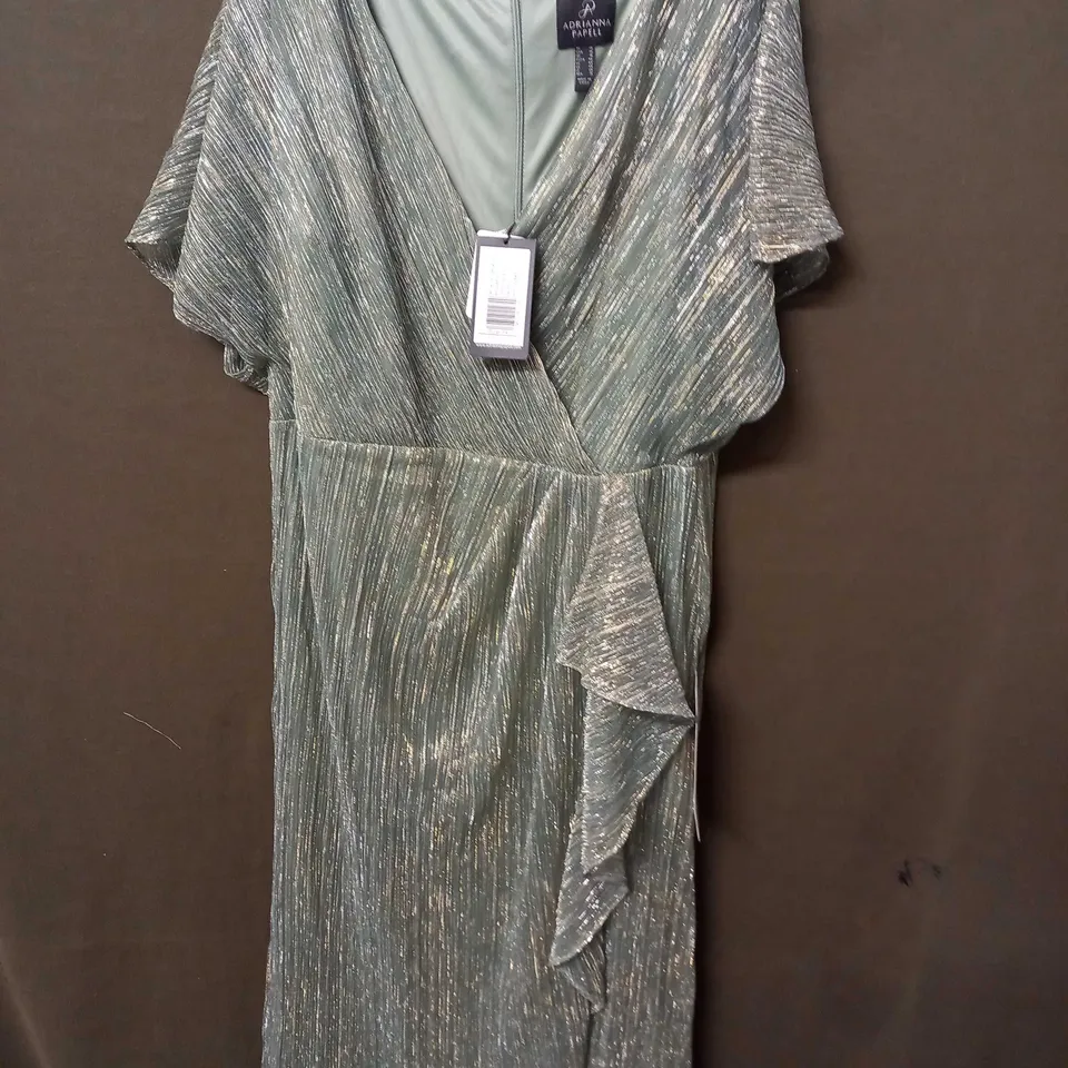 ARIANNA PAPELL METALLIC CRINKLE MIDI DRESS IN GREENSLATE - SIZE 18