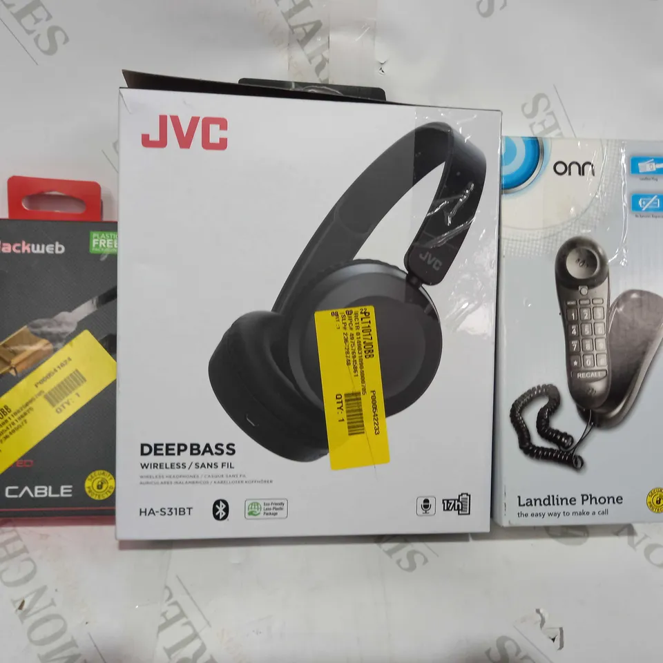 BOX OF APPROXIMATELY 10 ASSORTED HOUSEHOLD ITEMS TO INCLUDE BLACKWEB GOLD PLATED HDMI CABLE, JVC DEEPBASS WIRELESS HEADPHONES, ONN LANDLINE PHONE, ETC