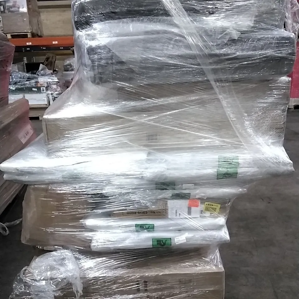 PALLET OF ASSORTED FLAT PACK FURNITURE AND PARTS TO INCLUDE: UNBAGGED SINGLE MATTRESSES, TRAMPOLINE PARTS, HEADBOARDS, ARMCHAIR BACK ETC 