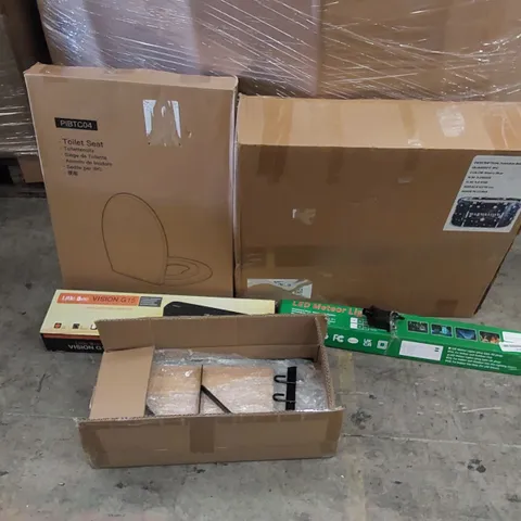 PALLET OF ASSORTED ITEMS INCLUDING: FOLDABLE BATH TUB, LAMINATOR, LED LIGHTS, SHELVES