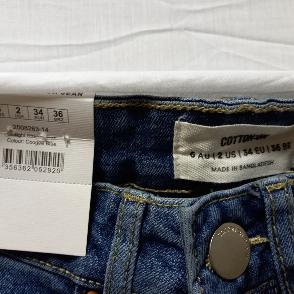 BOX OF APPROX 22 BRAND NEW COTTON:ON STRAIGHT STRETCH JEANS - COOGEE BLUE SIZE AUS 6