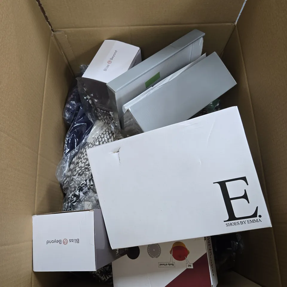 BOX OF APPROXIMATELY 10 ASSORTED ITEMS INCLUDING SHOES BY EMMA, BLISS & BEYOND ESSENTIAL MIST AIR HUMIDIFIER AND 2 IN 1 FOLDABLE MICROWAVE MULTI COOKER