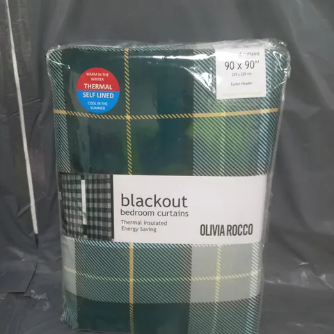 OLIVIA ROCCO BLACKET EYELET BEDROOM CURTAINS 90" X 90" GREEN CHECK PATTERN