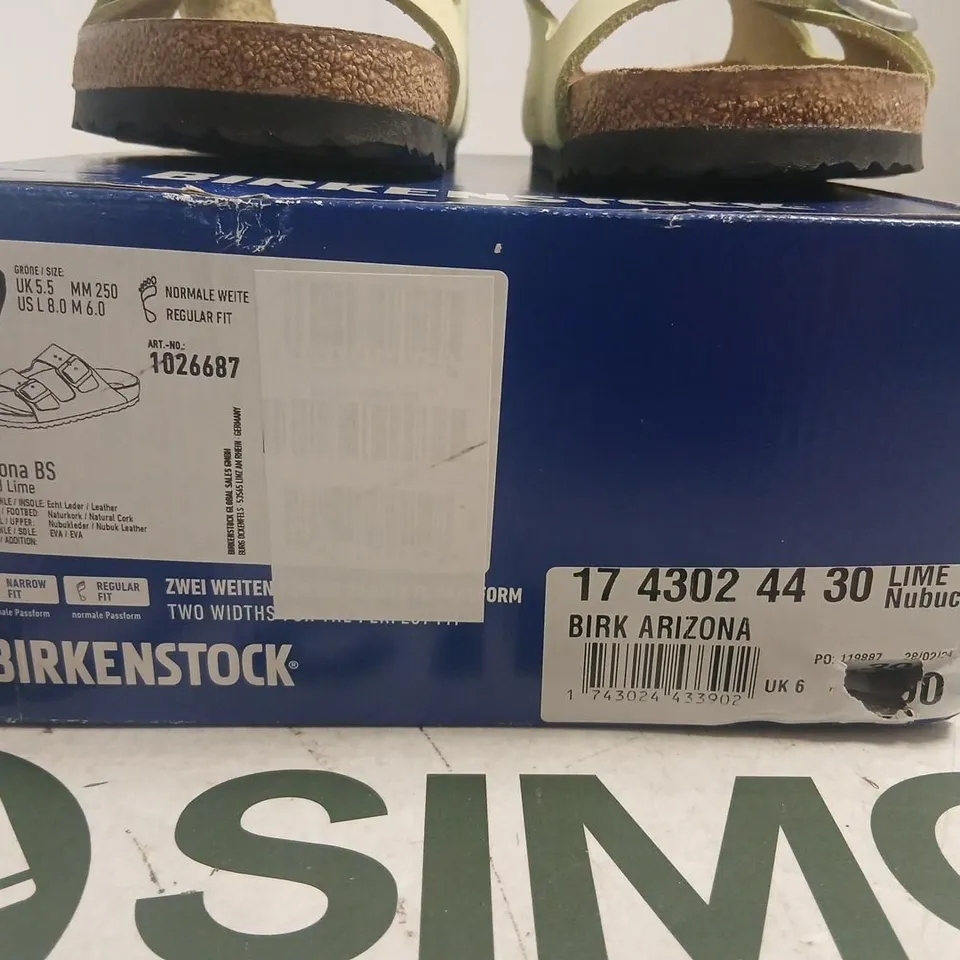 BIRKENSTOCK ARIZONA SANDALS – LIME NUBUCK, UK 6 (EU 39) – BOXED
