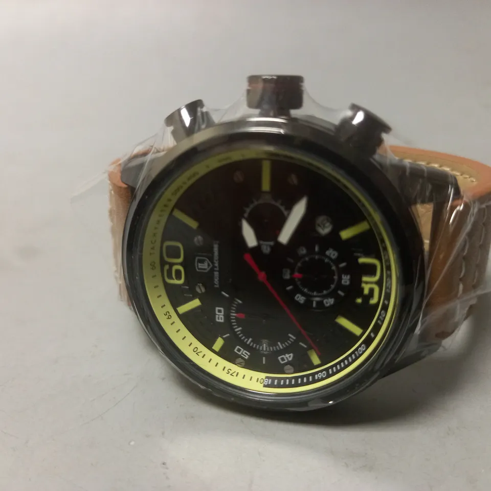 MENS LOUIS LACOMBE CHRONGRAPH WATCH – 3 SUB DIALS – BLACK CASE – LEATHER STRAP