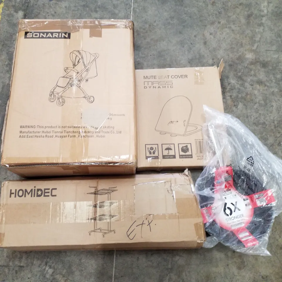 PALLET OF ASSORTED PRODUCTS INCLUDING HOMIDEC DRYING RACK, PUSHCHAIR, TOILET SEAT, SCOVILLE PAN  