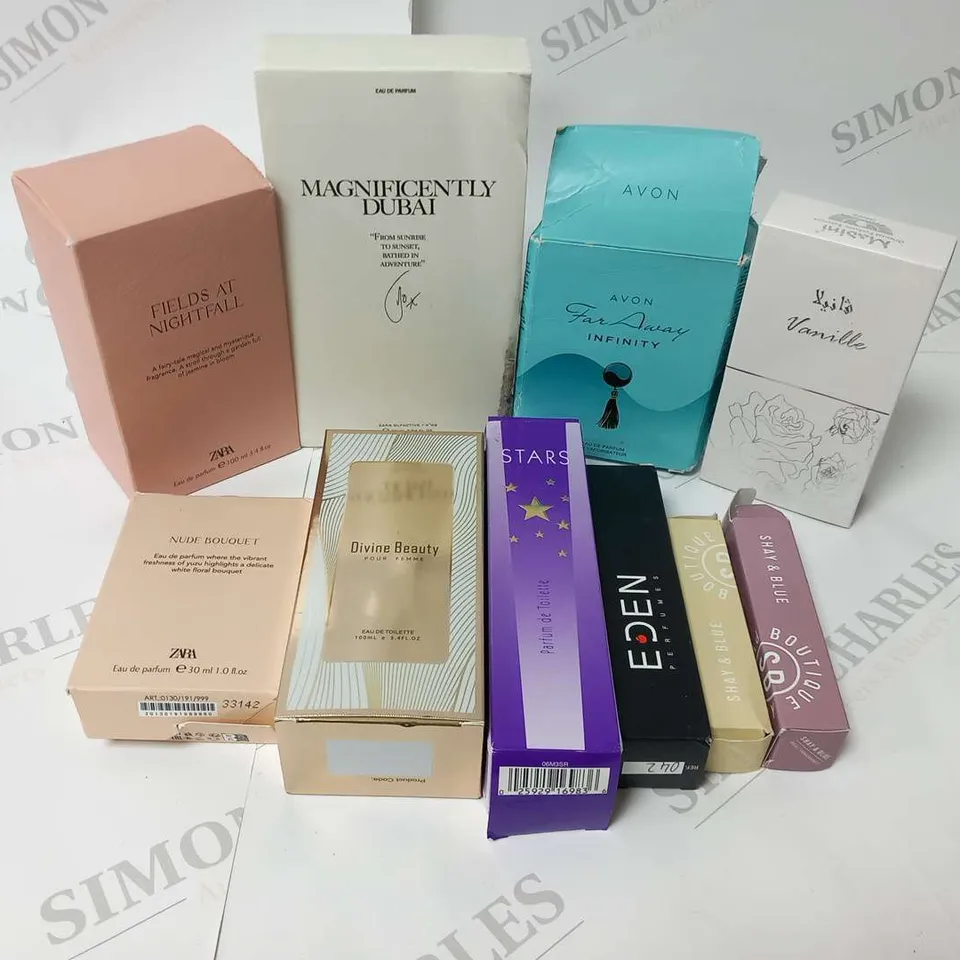 APPROXIMATELY 10 ASSORTED FRAGRANCES TO INCLUDE; AVON, ZARA, EDEN AND BOUTIQUE PERFUMERY