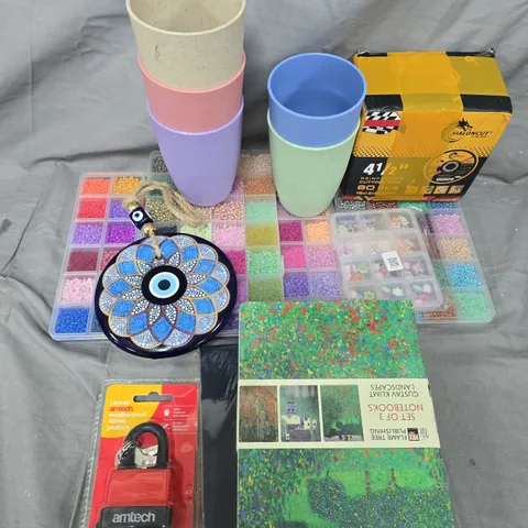 LARGE BOX OF ASSORTED ITEMS TO INCLUDE - CUPS - PAD LOCK - BEEDS. 