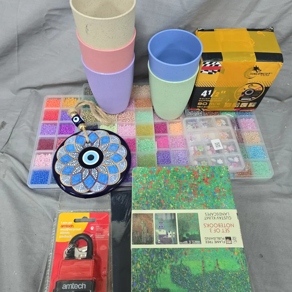 LARGE BOX OF ASSORTED ITEMS TO INCLUDE - CUPS - PAD LOCK - BEEDS. 