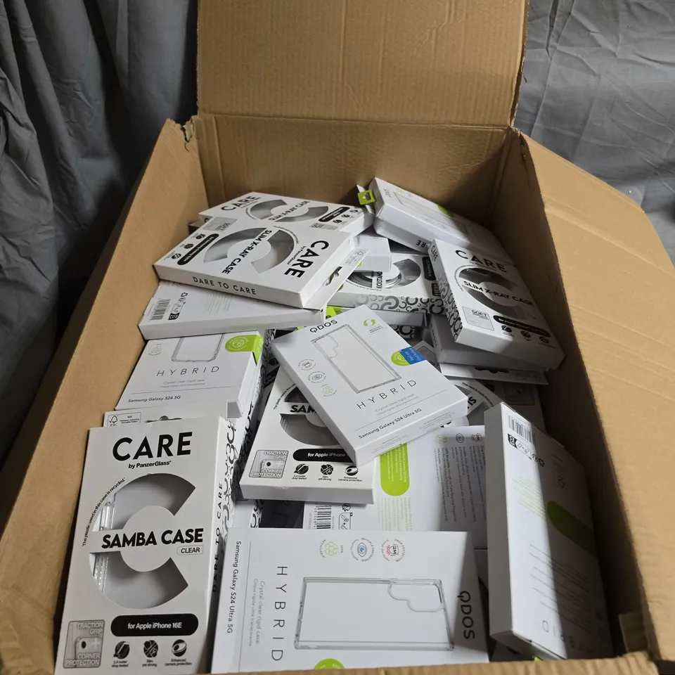 BOX OF APPROXIMATELY 30 PHONE PROTECTIVE COVERS FOR APPLE AND SAMSUNG PRODUCTS
