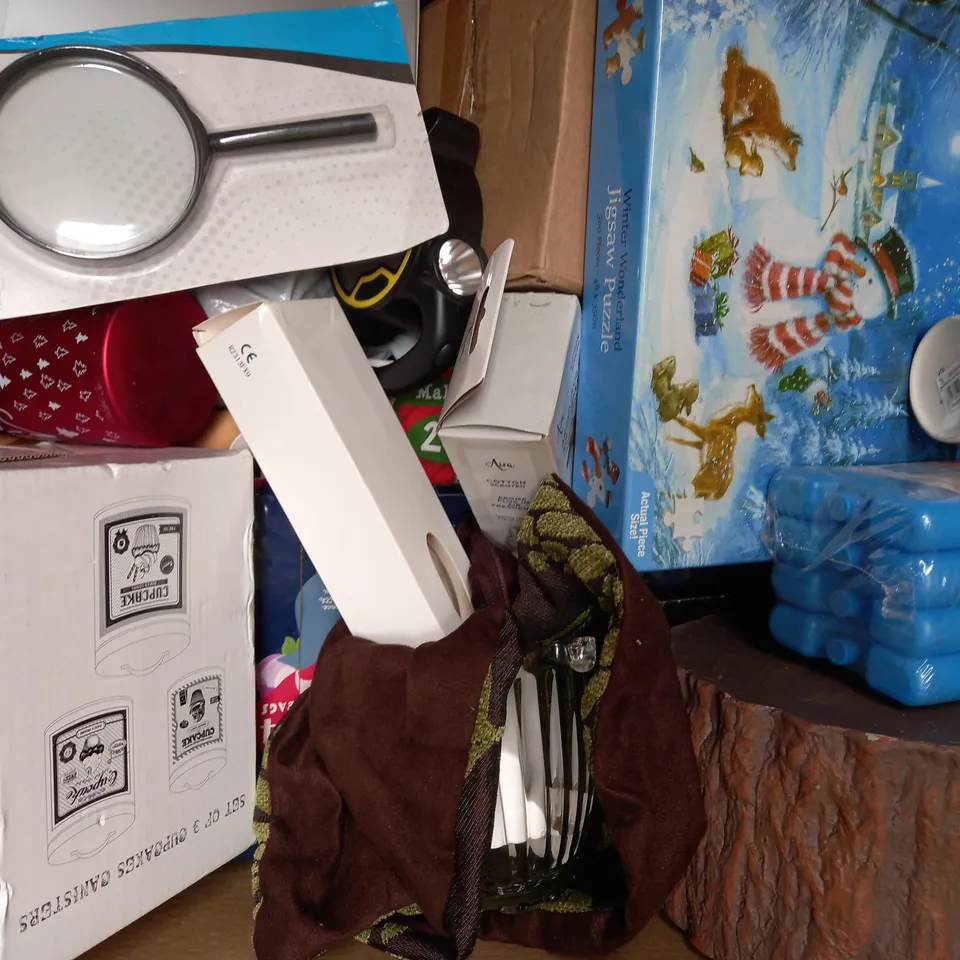 BOX OF APPROXIMATELY 20 ASSORTED HOUSEHOLD ITEMS TO INCLUDE MOTHER'S DAY ARTIFICIAL BOUQUET, CUDDLE BEAR TRAVEL PILLOW, NOVELTY BURGER MONEY BANK, ETC - COLLECTION ONLY