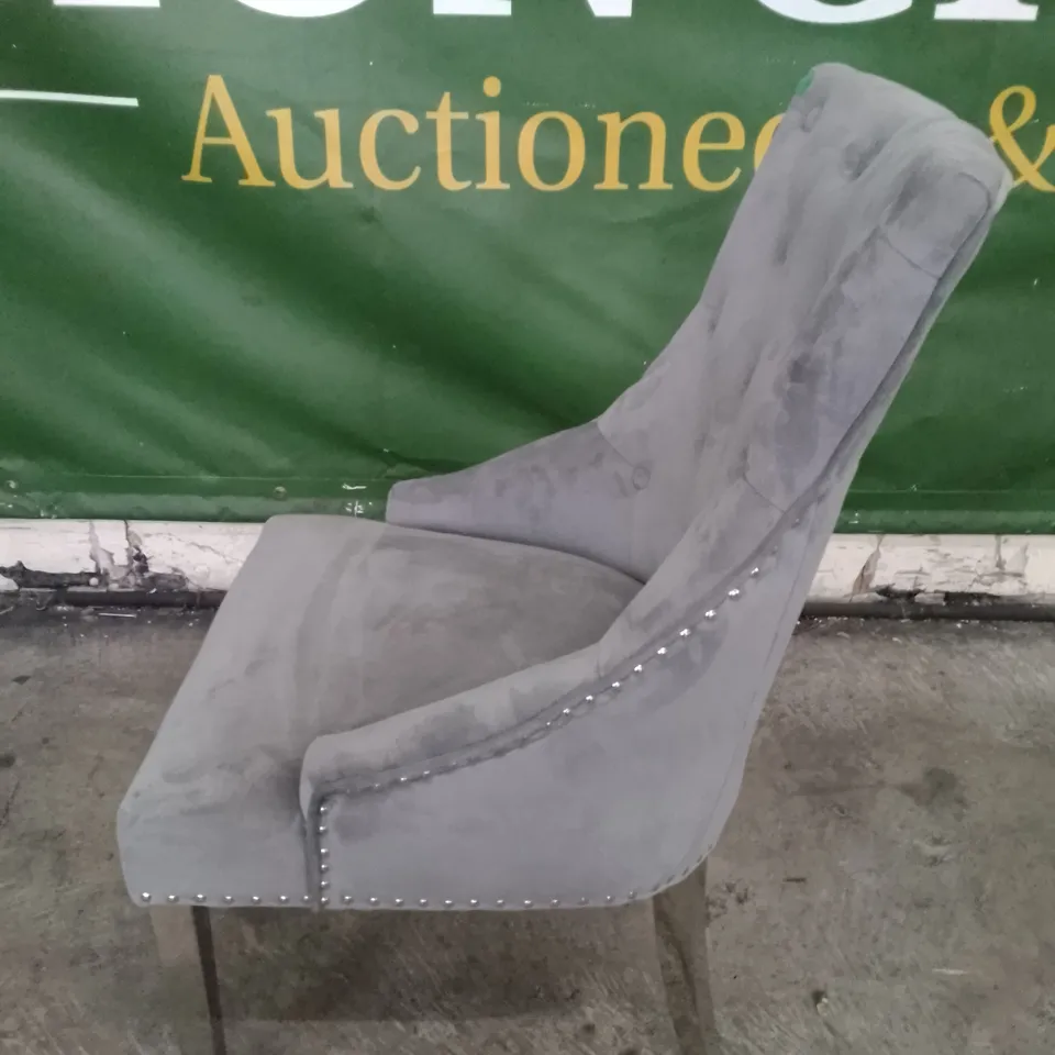 IMPERIAL GREY VELVET BUTTON BACK DINING CHAIR WITH CHROME LEGS
