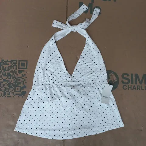 HOLLISTER POLKA DOT HALTER NECK TOP WITH A V-NECKLINE AND TIE DETAIL IN WHITE SIZE SMALL