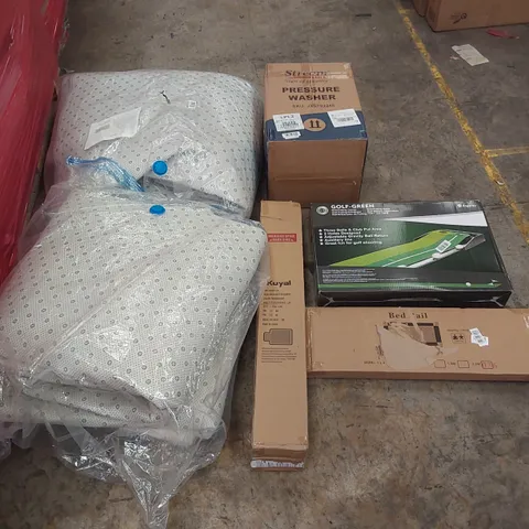 PALLET OF ASSORTED ITEMS INCLUDING: PRESSURE WASHER, LARGE RUGS, GOLF GREEN, CHAIR MAT, BED RAIL ECT