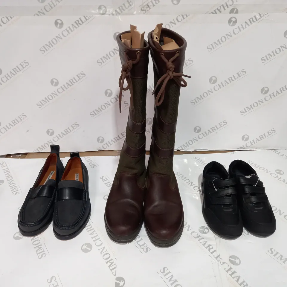 BOX OF APPROX 20 ASSORTED PAIRS OF SHOES TO INCLUDE DUBARRY BOOTS, & OTHER STORIES LOW HEEL SLIP ON'S, NEXT ORTHOLITE KIDS SHOES 